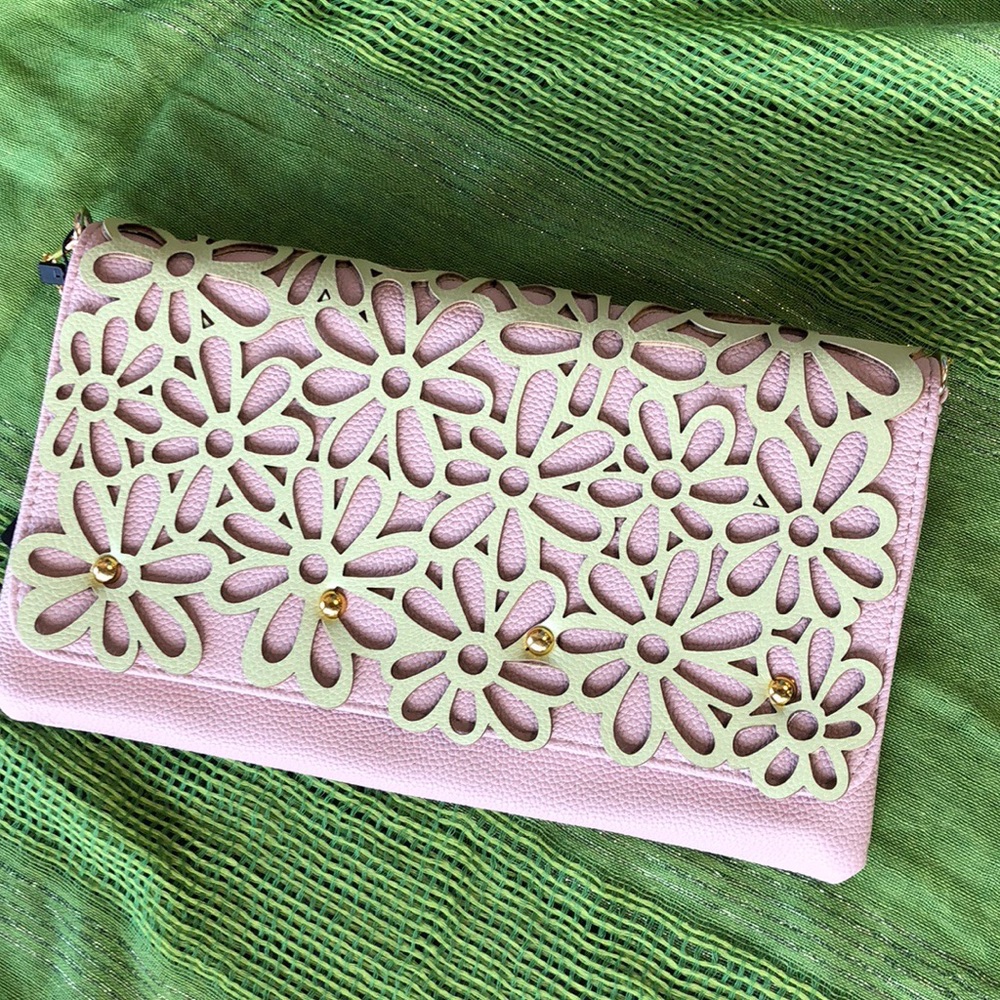 New Nude / Green Flower Clutch Bag NWT
